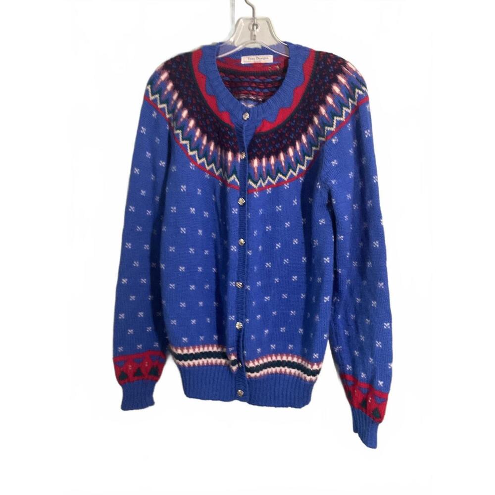 Vintage Tess Designs  Bermuda Blue Patterned Wool/Angora Cardigan Sweater Large